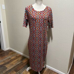 LuLaRoe - Julia - Red, Orange & Blue Patterned Dress - Size Large - NWT